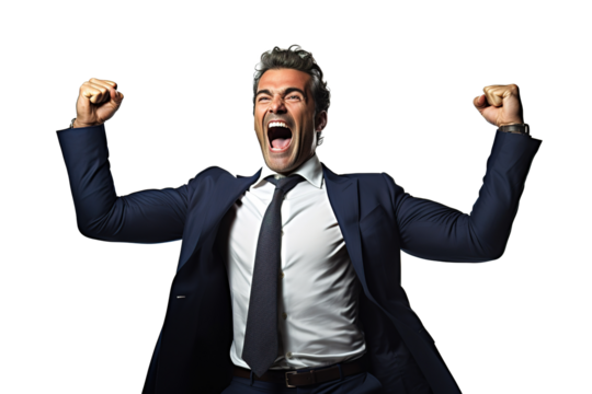 emotional, happy, excited, cheering businessman celebrating. on transparent background