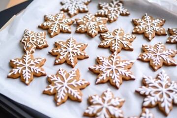 Fototapeta premium freshly decorated gingerbread cookies on parchment paper