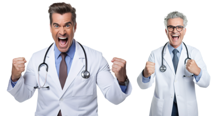 emotional, happy, excited, cheering male Caucasian doctor celebrating. on transparent background