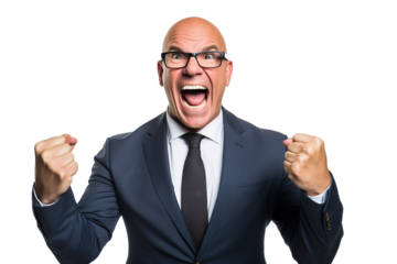 emotional, happy, excited, cheering businessman celebrating. on transparent background