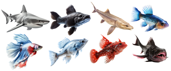 Sea and ocean fishes set isolated on transparent