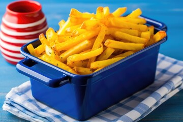fries in a blue plastic basket with yellow mustard