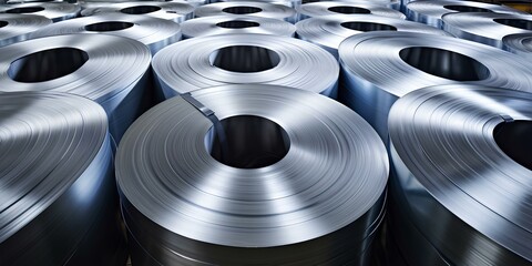 Aluminum belts at a metallurgical plant. Industrial production of aluminum coils, metallurgy and casting of steel and zinc.