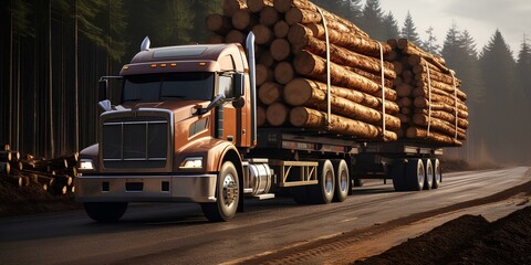 A trailer truck carrying wooden round timber, logging industry and lumber. - obrazy, fototapety, plakaty