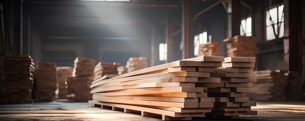A stack of wooden boards in a warehouse, Lumber factory or sawmill, logging and planks, building wood materials. - obrazy, fototapety, plakaty