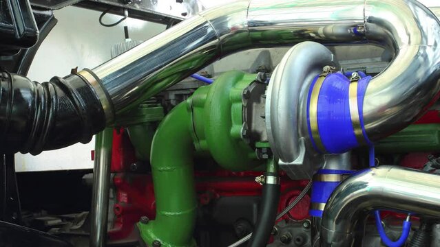 Close-up turbocharger in diesel engine