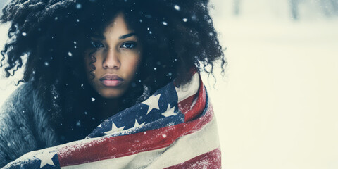 Stunningly patriotic blonde woman, enveloped in an American flag amidst falling snow.