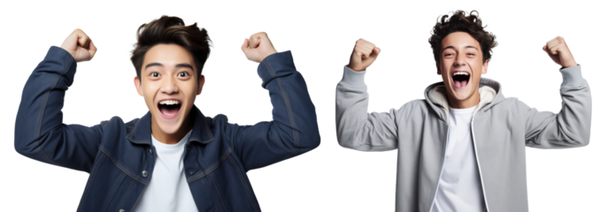 set of emotional, happy, excited, cheering teenager boy kid - celebrating, throwing arms up. on transparent background	

