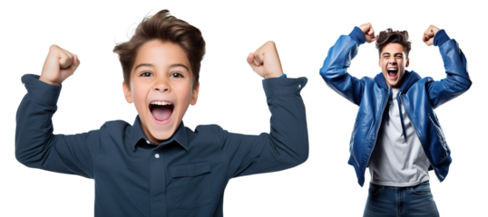 set of emotional, happy, excited, cheering teenager boy kid - celebrating, throwing arms up. on transparent background	
