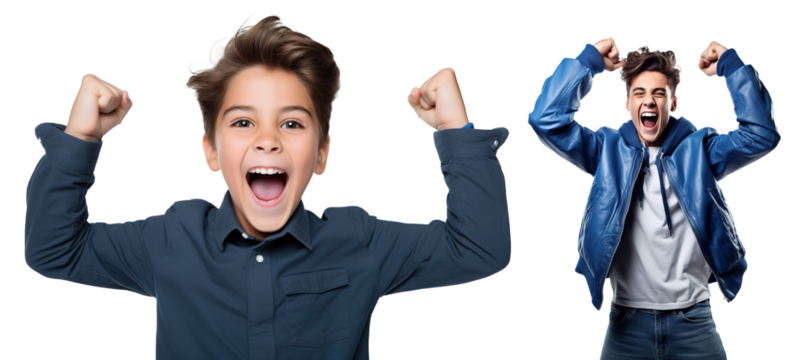 set of emotional, happy, excited, cheering teenager boy kid - celebrating, throwing arms up. on transparent background	
