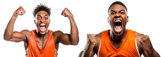 emotional, happy, excited, cheering Afro-American basketball player celebrating victory. on transparent background