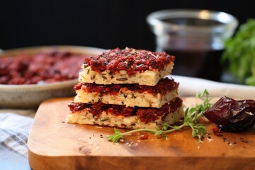 parmesan-topped focaccia with salami and sundried tomato spread - obrazy, fototapety, plakaty