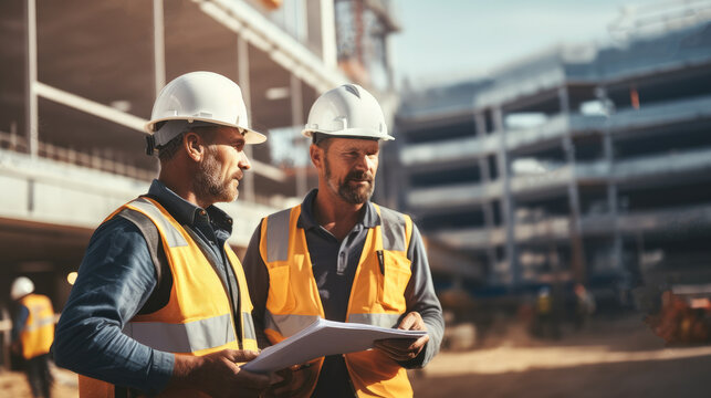 Two mature building contractors discussing work while standing on construction site.