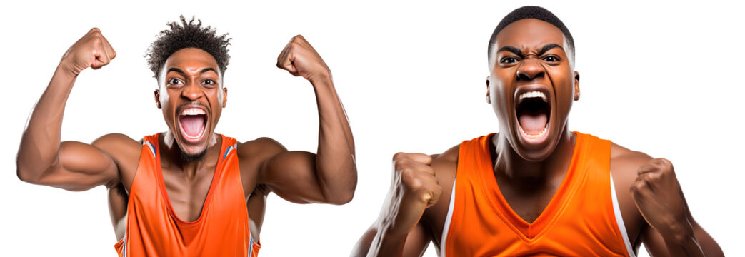 emotional, happy, excited, cheering Afro-American basketball player celebrating victory. on transparent background