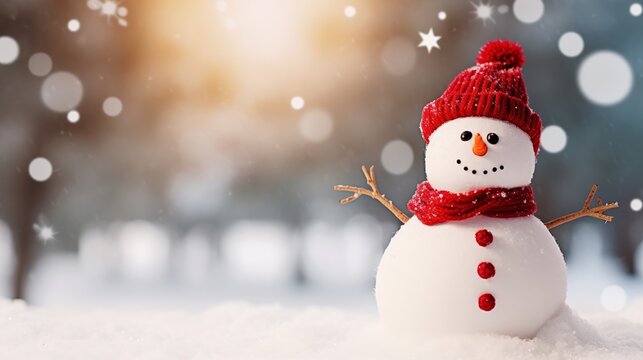 Christmas background with a cute cheerful snowman in the snow in a winter park with beautiful bokeh. Copy space winter backdrop with snowman.