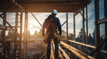 Construction Worker Wearing Safety Harness Staying on the Building and Preparing Himself For working at the construction site.
