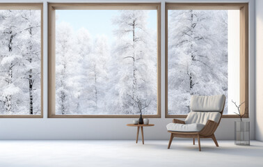 Empty room with a snowy scene in the background