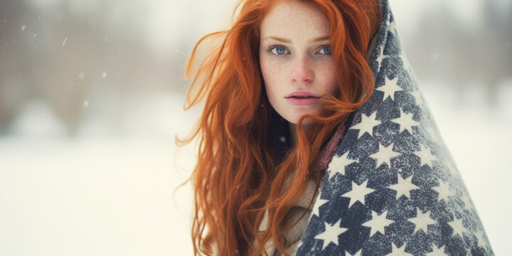 Enchanting redhead woman, shielded by American flag amidst falling snow.