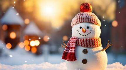 Christmas background with a cute cheerful snowman in the snow in a winter park with beautiful bokeh. Copy space winter backdrop with snowman. - obrazy, fototapety, plakaty
