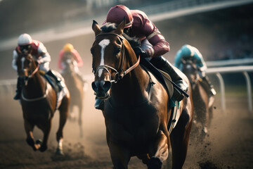 Sporting event featuring horses competing in a horse race on a track. - obrazy, fototapety, plakaty