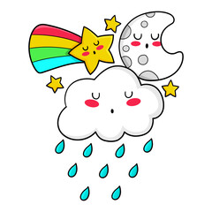 Illustration of a moon behind a rainy cloud and a rainbow comet, kawaii style, print design