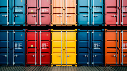 Colorful shipping containers lined up at a shipping port - obrazy, fototapety, plakaty