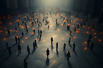 Aerial view of a crowd with a network of connections, generative ai