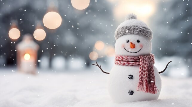 Christmas background with a cute cheerful snowman in the snow in a winter park with beautiful bokeh. Copy space winter backdrop with snowman.