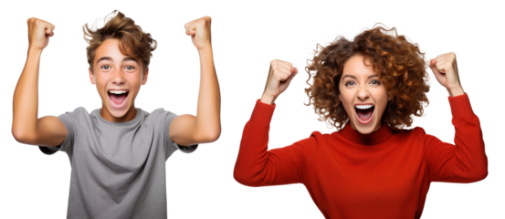 emotional, happy, excited, cheering Caucasian mother and teenage son celebrating. on transparent background