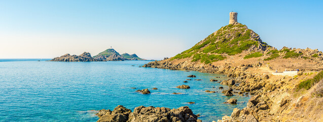 Panoramic view at the Islands of Sanguinaires Coast of Ness near Parata Watchtower a short distance from Ajaccio - Corsica, Fran