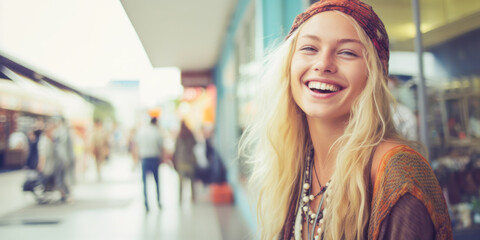 Joyful blonde hippie woman situated in front of a bustling shopping plaza. - obrazy, fototapety, plakaty
