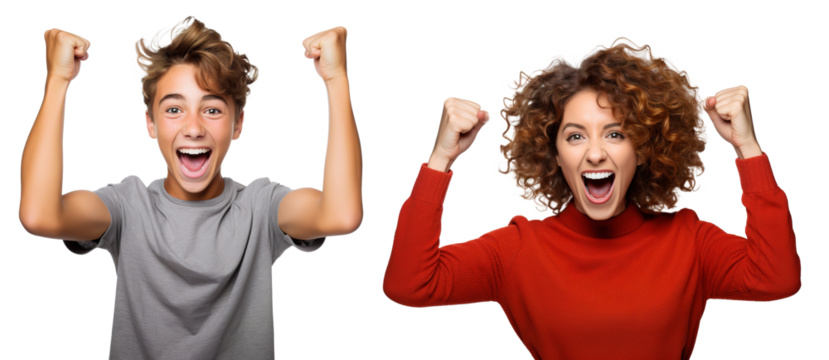 emotional, happy, excited, cheering Caucasian mother and teenage son celebrating. on transparent background