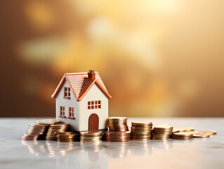 Real estate concept golden background House model and coins stack on table with copy space