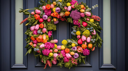Easter wreath on the front door, wreath made of eggs and flowers 