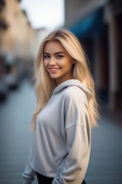 Beautiful blond young woman wearing sweater hoodie stay and posing on city street. Focus with bokeh. Generative AI