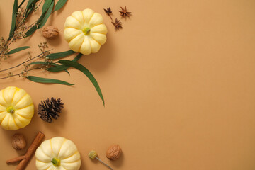 Creative minimal banner background. On a brown background, small pumpkins decorate tree branches...
