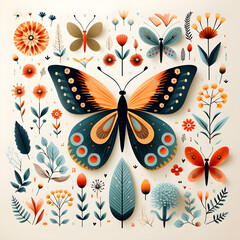 a cute Butterfly with minimal flowers doodle