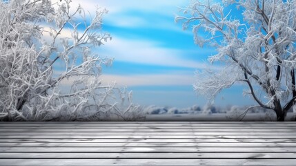 Winter landscape background with a wooden deck