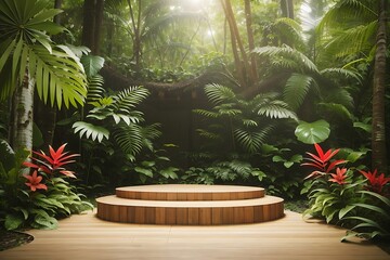 Modern Podium In Tropical Forest For Product Presentation nature tropical plans background 