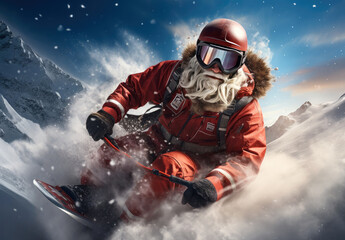 Santa clause is skiing with skiing glasses and headset