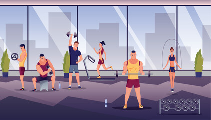 People at sport gym. Man and woman on training apparatus, exercise bike and treadmill. Fitness workout and indoor sport room flat vector concept. Male characters with barbells and kettlebells