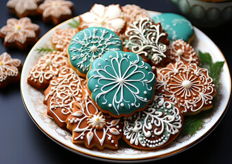 Obraz na płótnie Canvas Christmas cookies covered with white and blue icing on a plate close up