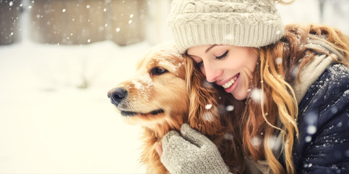 Charming blonde woman enjoying a snowy day with her adorable dog.