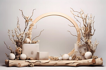Natural display podium from woods. Dark brown wood circle arch for natural podium with stones and branches as the decorations. Empty showcase for perfume, jewellery, and cosmetic display product.