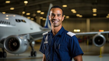 Portrait of Aircraft Maintenance Mechanic in Hangar. Airplane on Background.