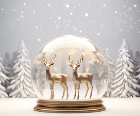 3D rendering of two deers with broken white and light gold colour standing inside a snow globe....