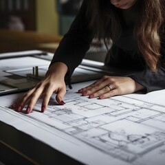 Woman working on archicad autocad drawings, she sit at the desk in light loft interior mark object on graphs Generative AI