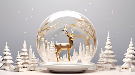 3D rendering of two deers with broken white and light gold colour standing inside a snow globe....