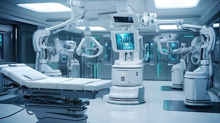 Surgical robot, 3D rendering in operating room - obrazy, fototapety, plakaty