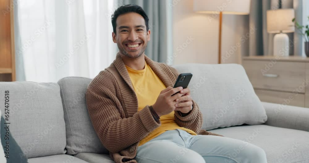 Aufkleber home cellphone, relax and happy man typing, texting and reading funny email, social media blog and c